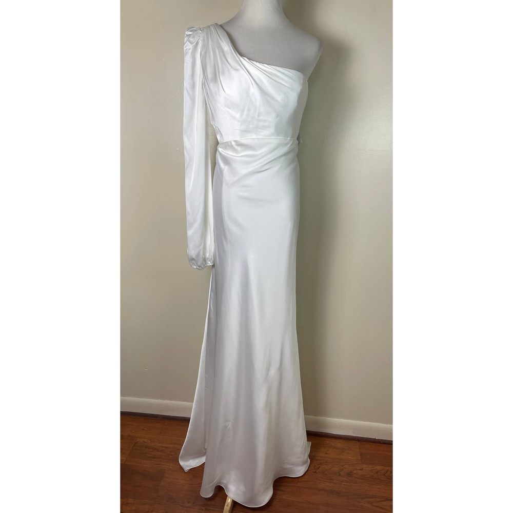 Mac Duggal One Shoulder White Satin Gown Size 10 Blouson Sleeve High Waist 55401